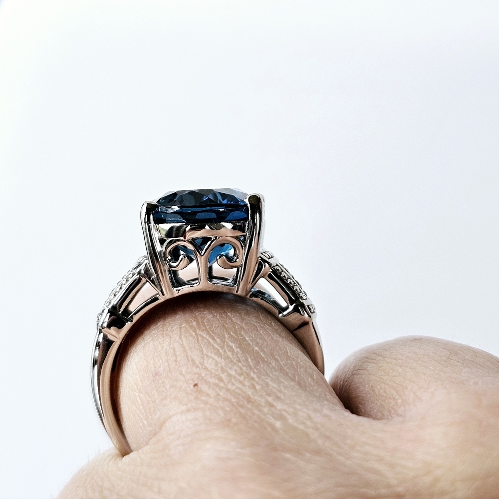Natural London Blue Topaz & Teal Diamond Ring in Sterling Silver Sz 9! - Picture 12 of 16
